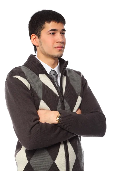 Jovem asiático homem de negócios em suéter com as mãos cruzadas — Fotografia de Stock