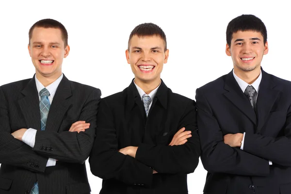 Three laughing businessmen with croosed hands — Stock Photo, Image