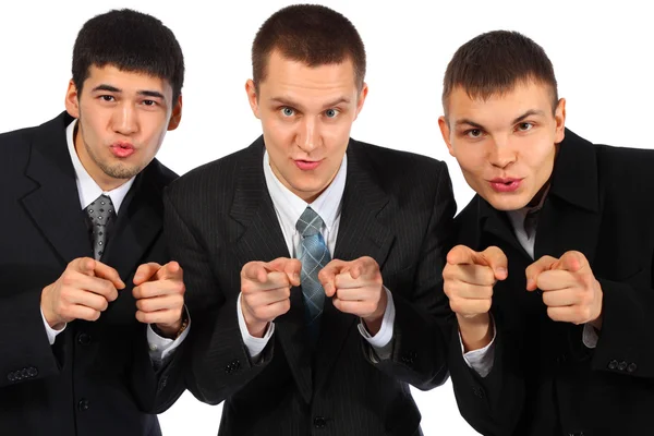 Tři podnikatelé ukazovat prstem na sebe — Stock fotografie