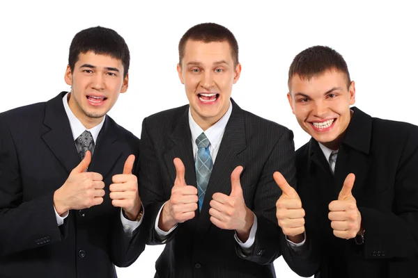 Three young businessmen show gesture ok — Stock Photo, Image