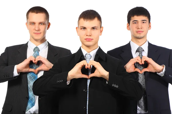 Tre unga affärsmän Visa kärlek tecken från händer — Stockfoto