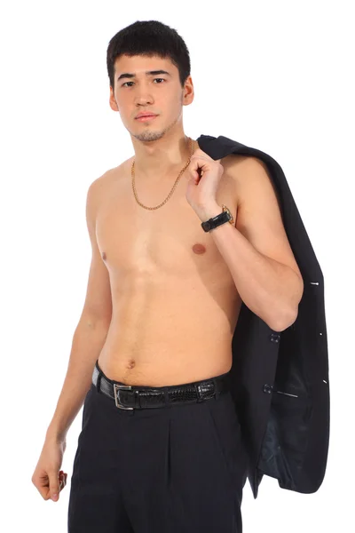 젊은 토플 리스 아시아 남자 어깨에 코트와 함께 — 스톡 사진