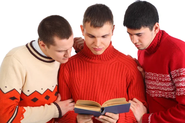 三名年轻男子看卷尺 — 图库照片