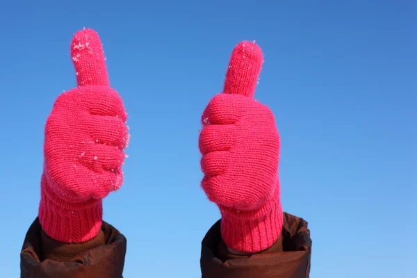 stock image Two hands in red gloves against blue sky show gesture ok