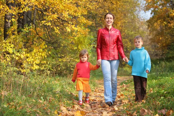 Mother with children on walk in wood — Stock Photo, Image