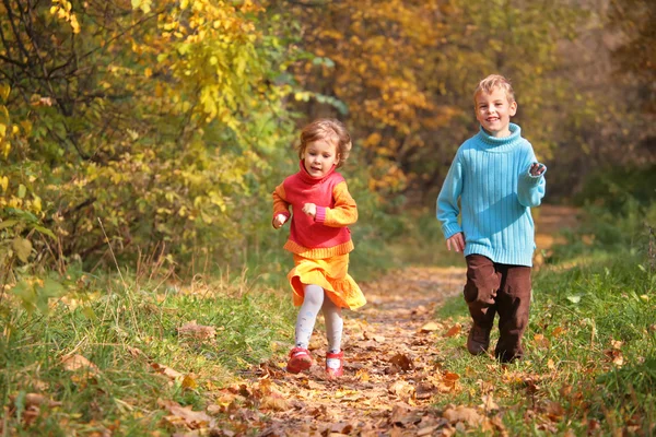 Dwoje dzieci na drewno jesień chodnik — Zdjęcie stockowe