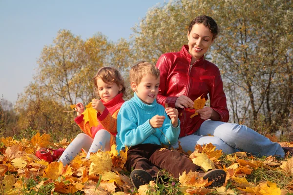 Moeder met kinderen zitten op gevallen esdoorn bladeren — Stockfoto