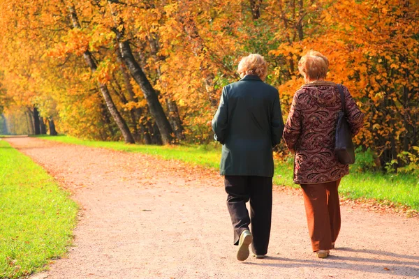 Två äldre kvinnor i park i höst — Stockfoto