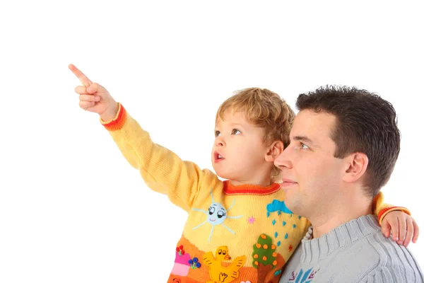 Child on hands at daddy points finger — Stock Photo, Image