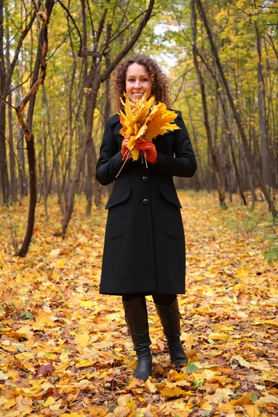 Giovane donna in parco in autunno con foglie gialle — Foto Stock