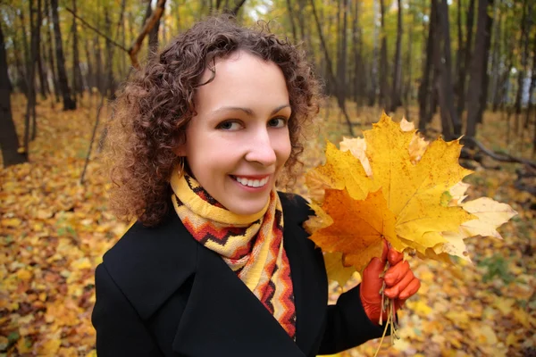 Young woman in park in autumn with yellow leaves — Stock Photo, Image