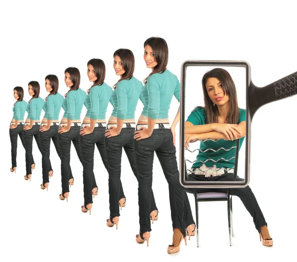 Kobieta astrides krzesło, widok przez szkło powiększające, kolaż — Zdjęcie stockowe
