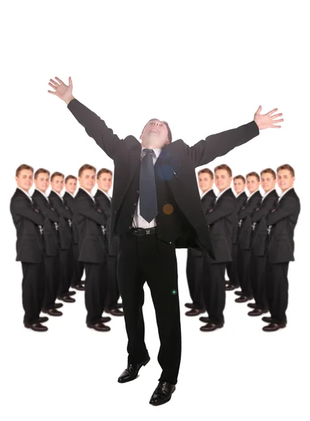 Hombres de negocios dinámicos manos arriba aislados en blanco — Foto de Stock