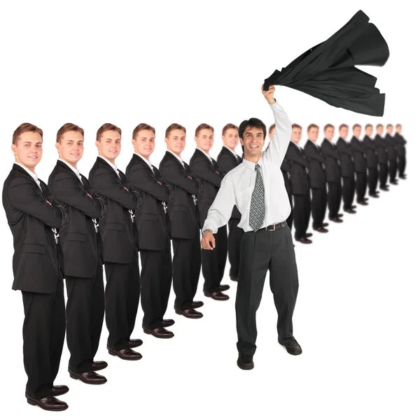 Hombres de negocios dinámicos manos arriba aislados en blanco —  Fotos de Stock