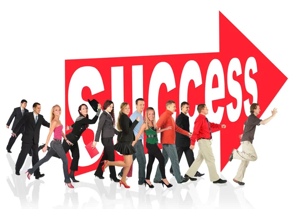 Business themed collage, run to success following the arrow sign — Stock Photo, Image