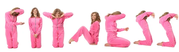 Lány a pink sport ruházat képviseli szó fitness — Stock Fotó
