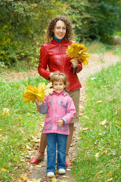 Kleines Mädchen und junge Frau mit Ahornblättern in den Händen im Park i — Stockfoto
