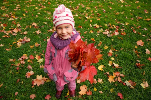 Девушка с кучей листьев — стоковое фото