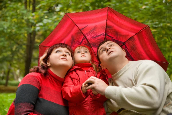 Coppia sposata e bambina con ombrellone nel parco — Foto Stock