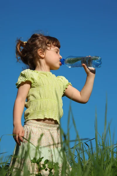 Стоящая в траве девушка пьет воду из пластиковой бутылки — стоковое фото