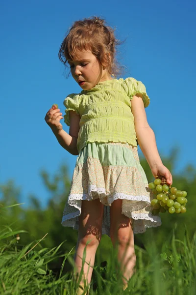 Menina come uva na grama contra o céu azul — Fotografia de Stock