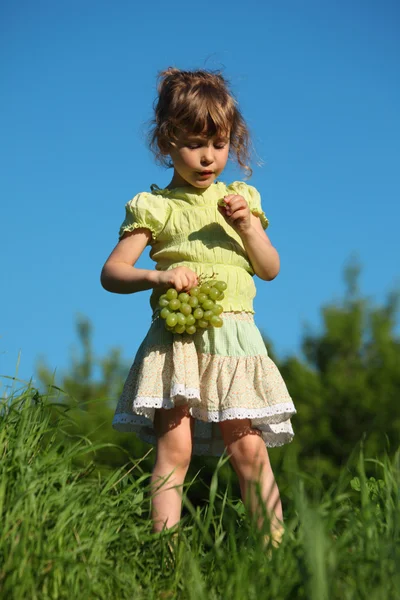 Menina come uva na grama contra o céu azul — Fotografia de Stock