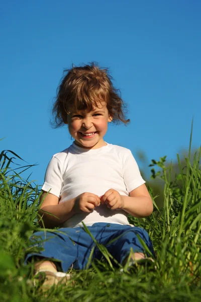 Портрет маленькой улыбающейся девочки, сидящей в траве — стоковое фото