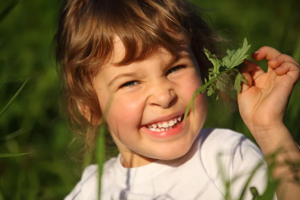 손에 있는 잔디 잎을 가진 작은 소녀의 초상화 — 스톡 사진
