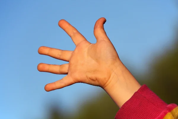 Children's hand against sky — Stock Photo, Image