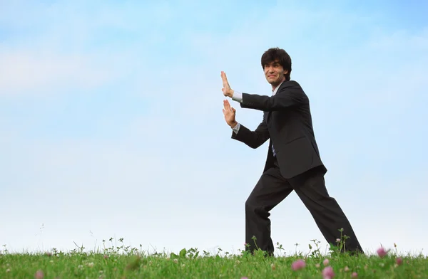 Businessman pushes standing on grass — Stock Photo, Image