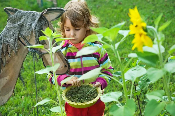 Hübsches kleines Mädchen aus Spaß füttert Holzpferd im Garten — Stockfoto