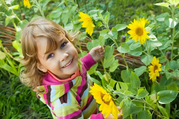 Menina bonita mantém na mão girassol no jardim — Fotografia de Stock