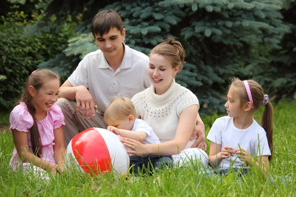 Семья из пяти человек летом сидит на траве с мячом — стоковое фото
