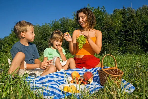 Pěkná holka a mladé ženy a malého chlapce na piknik v g — Stock fotografie
