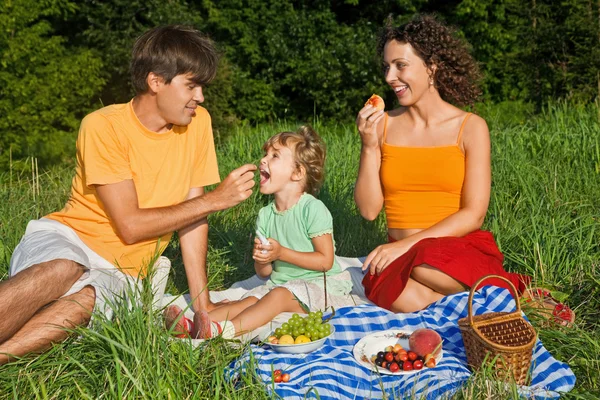 Lycklig familj av tre på picknick i trädgården — Stockfoto