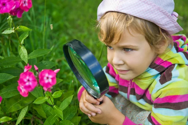 Söt liten flicka med förstoringsglas tittar på blomma — Stockfoto
