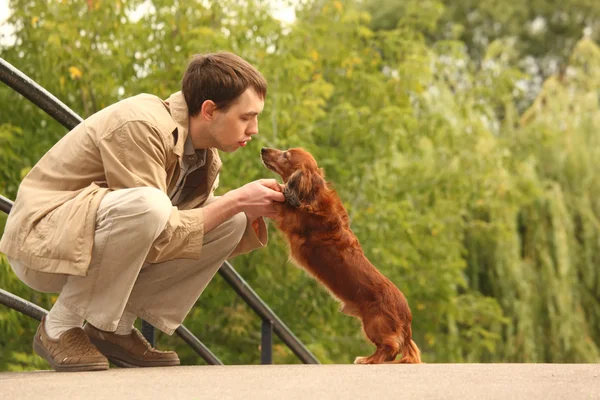 Joven juega con su adorable dachshund al aire libre — Foto de Stock