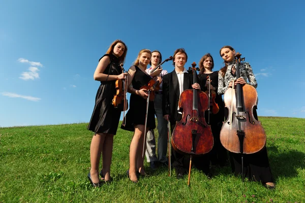 Six violinists stand on grass against sky — Stock Photo, Image