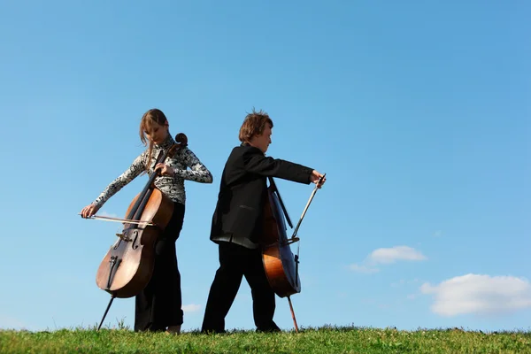 Two violoncellists play on grass against sky — Stock Photo, Image