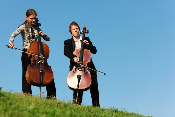 Two violoncellists play on grass against sky — Stock Photo, Image