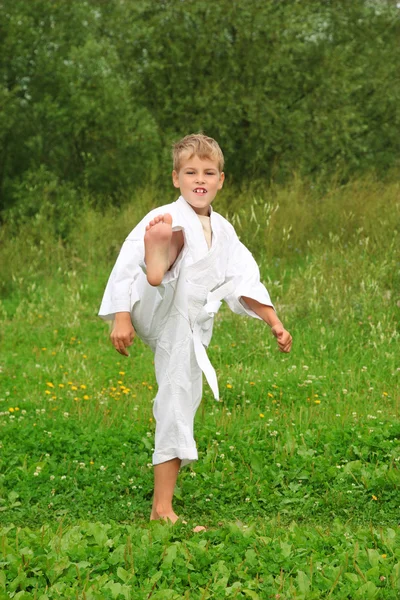 Karate boy patear una pierna al aire libre —  Fotos de Stock