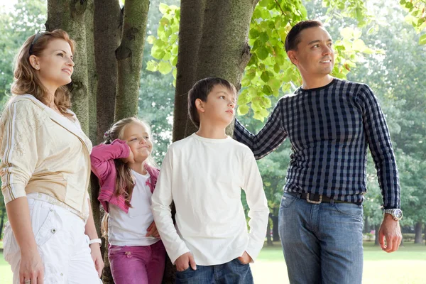 Leende glad familj av fyra tittar åt sidan utomhus — Stockfoto