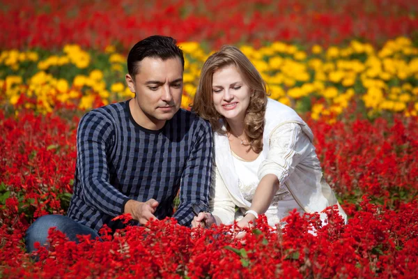 Manželský pár v kvetoucí park — Stock fotografie