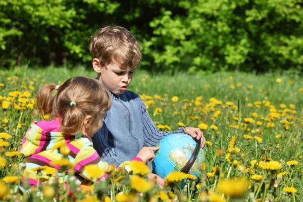 Duas crianças com globo sentam-se no prado entre o dente-de-leão florescente — Fotografia de Stock
