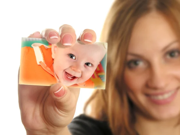 Mother holding card with baby collage — Stock Photo, Image
