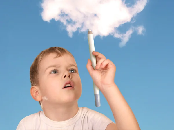 Boy drawing cloud collage — Stock Photo, Image
