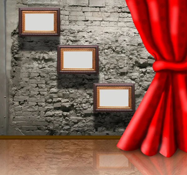 Frames on brick wall and curtain collage — Stock Photo, Image