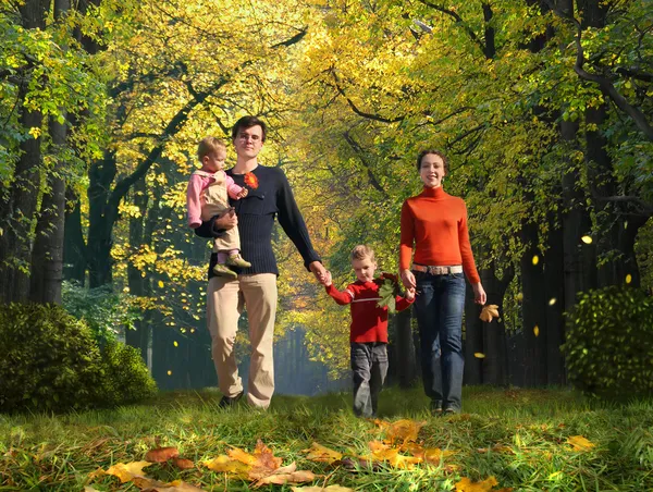 Famiglia a piedi con due bambini nel collage del parco autunnale — Foto Stock