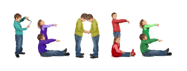 Chlapec a dívka točit slovo mír, koláž — Stock fotografie