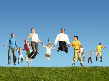 Many jumping families on the grass, collage clipart